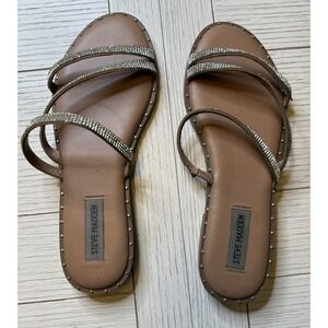 Steve Madden 3 Band Studded Rhinestone Slip on Sandals Tan Silver Sz 8 Boho Glam